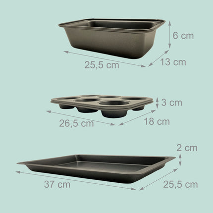 3dílná sada nepřilnavého pečicího nádobí – forma na muffiny, chlebíček a pekáč