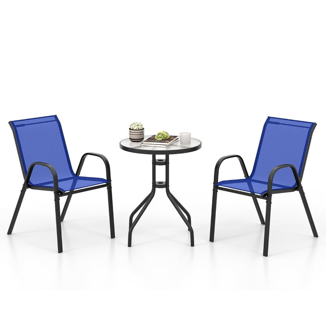 3dílný venkovní bistro set se stohovatelnými židlemi, modrý