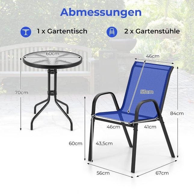 3dílný venkovní bistro set se stohovatelnými židlemi, modrý