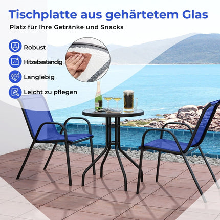 3dílný venkovní bistro set se stohovatelnými židlemi, modrý