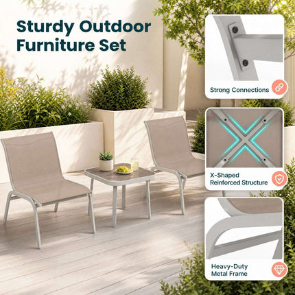 3-Piece Outdoor Furniture Set, Beige – 2 Chairs & Glass Table