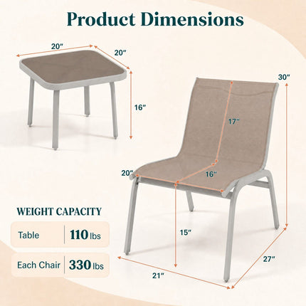 3-Piece Outdoor Furniture Set, Beige – 2 Chairs & Glass Table
