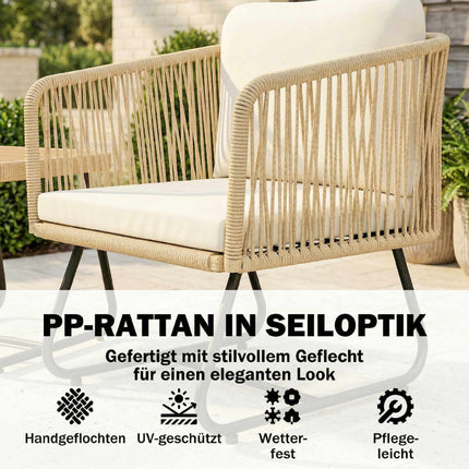 3dílný ratanový bistro set s podsedáky a dřevěným stolem