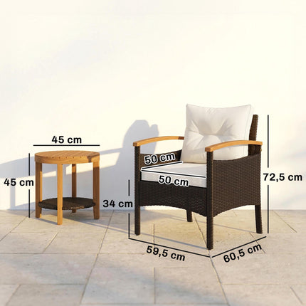 3dílný ratanový bistro set s podsedáky a dřevěným stolem