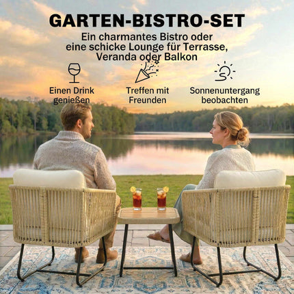 3dílný ratanový bistro set s podsedáky a dřevěným stolem