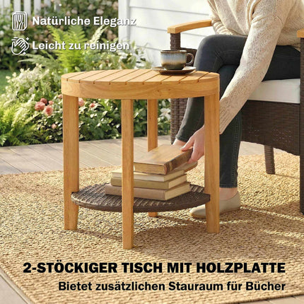3dílný ratanový bistro set s podsedáky a dřevěným stolem