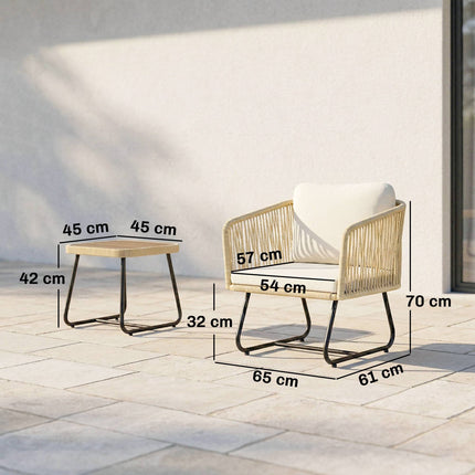 3dílný ratanový bistro set s podsedáky a dřevěným stolem