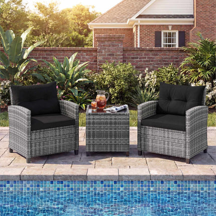 3-Piece Rattan Patio Set with Cushions & Glass Table
