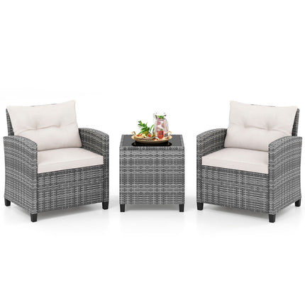 3-Piece Rattan Patio Set with Cushions & Glass Table