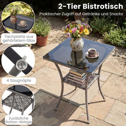 3-Piece Rattan Patio Set with Glass Table and Cushions