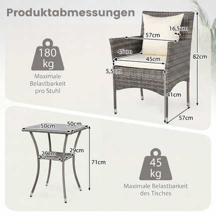 3-Piece Rattan Patio Set with Glass Table and Cushions