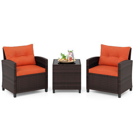 3-Piece Rattan Patio Set with Orange Cushions