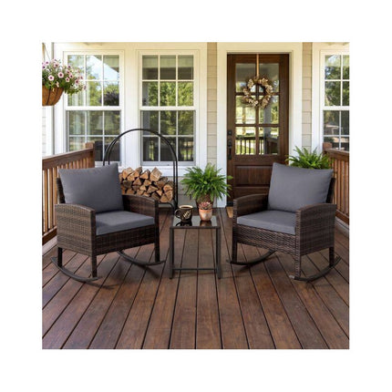 3-Piece Rocking Bistro Set with Glass Table and Cushions, Grey, PE Rattan