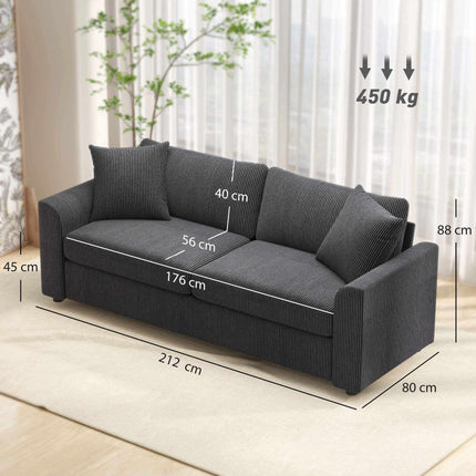 3-Seater Cord Sofa with Cushions, 212 cm, Dark Grey