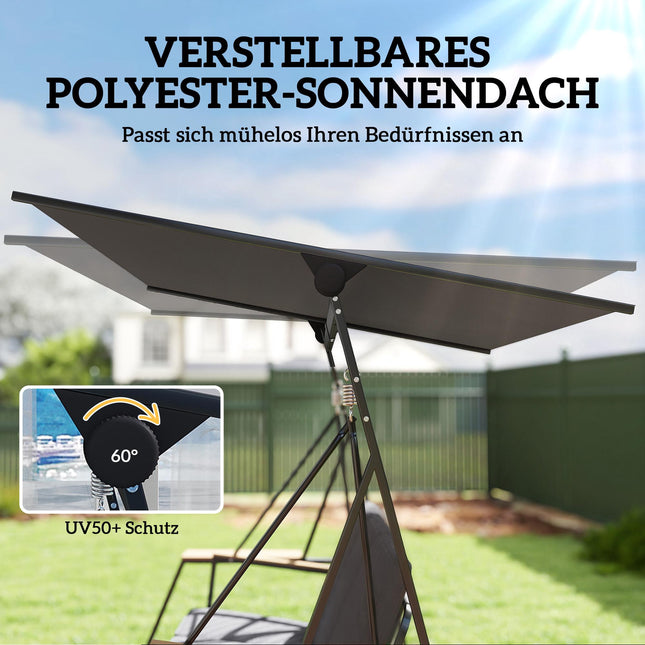 3-Seater Garden Swing with Adjustable Canopy and Trays, Grey