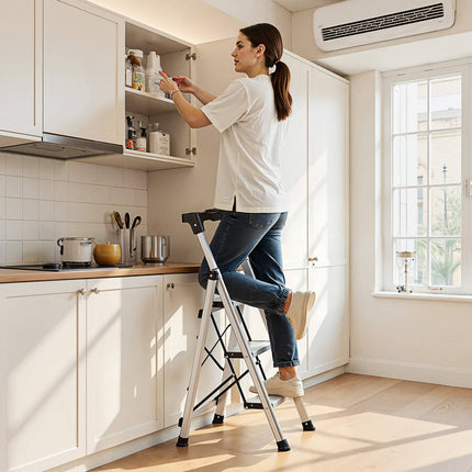 3-Step Folding Aluminum Ladder, 150 kg, Tool Tray