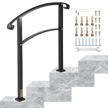 3-Step Wrought Iron Stair Handrail, Black Install Kit