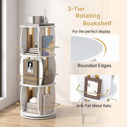 3-Tier 360° Spinning Bookshelf Tower with Display Stands, White & Golden