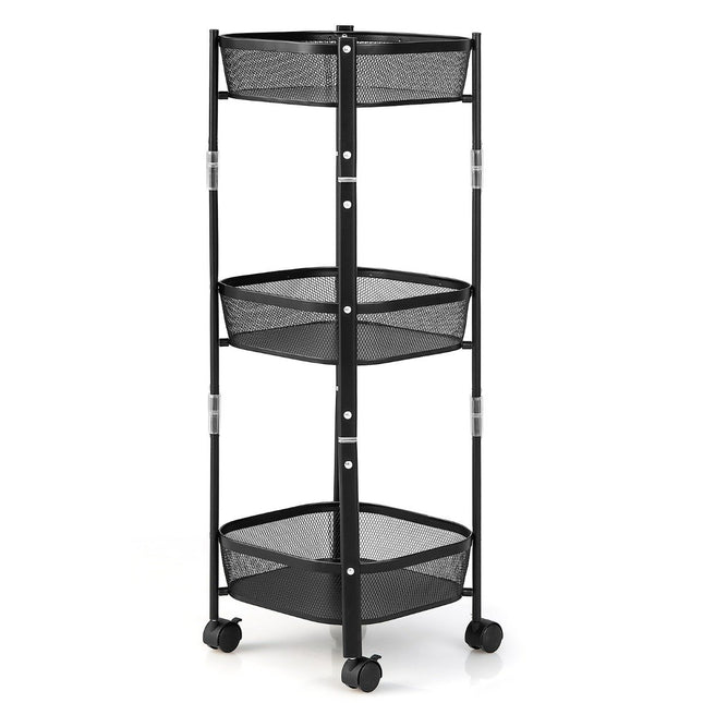 3-laags multifunctionele fruit- of groentetrolleystandaard 37,5 x 37,5 x 87 cm zwart