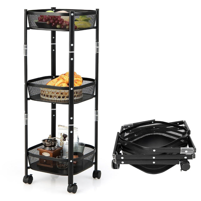 3-laags multifunctionele fruit- of groentetrolleystandaard 37,5 x 37,5 x 87 cm zwart
