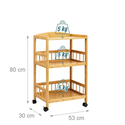 3-Tier Bamboo Kitchen Trolley with Swivel Castors