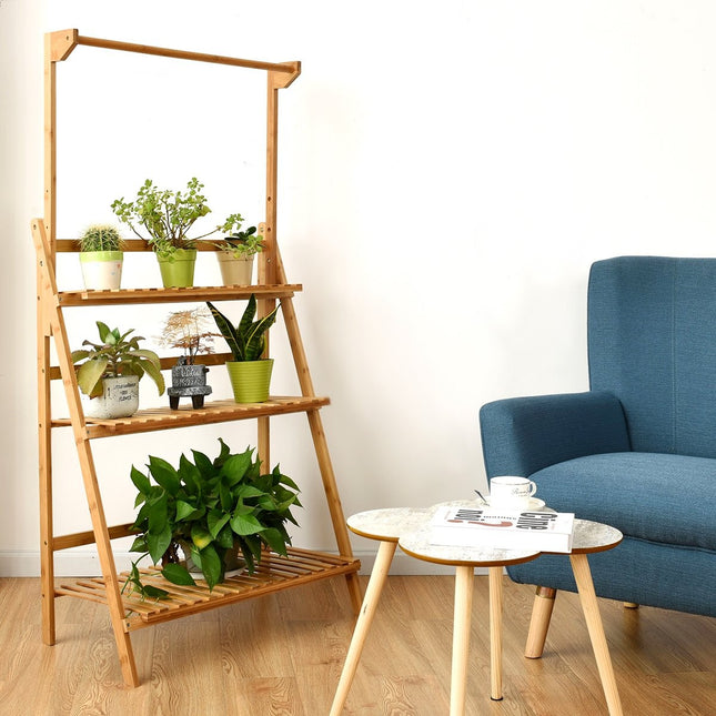 3-Tier Bamboo Plant Stand with Adjustable Hanging Rod