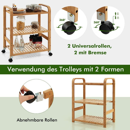 3-Tier Bamboo Rolling Cart with Wheels, 58x33x76 cm