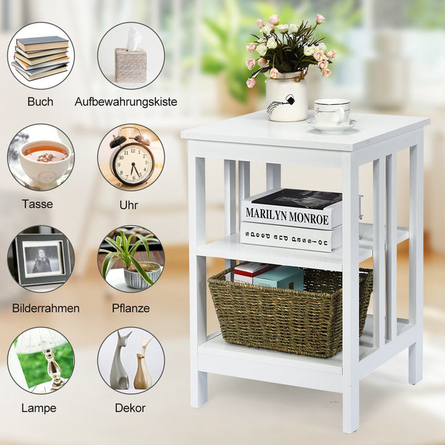 3-laags nachtkastje, salontafel, salontafel voor slaapkamer, 40 x 40 x 61 cm, wit
