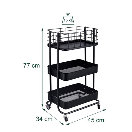 3-Tier Black Metal Rolling Storage Trolley