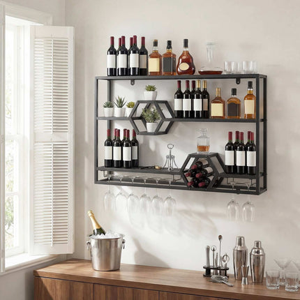 3-Tier Black Metal Wall Wine Rack with Glass Holder