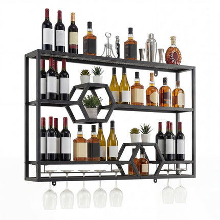 3-Tier Black Metal Wall Wine Rack with Glass Holder