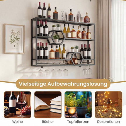 3-Tier Black Metal Wall Wine Rack with Glass Holder