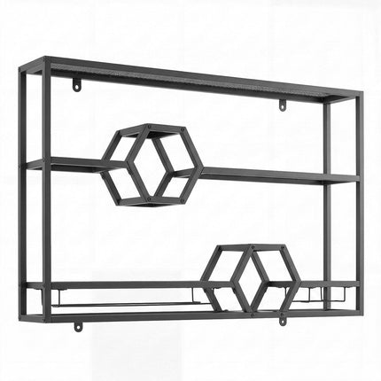 3-Tier Black Metal Wall Wine Rack with Glass Holder