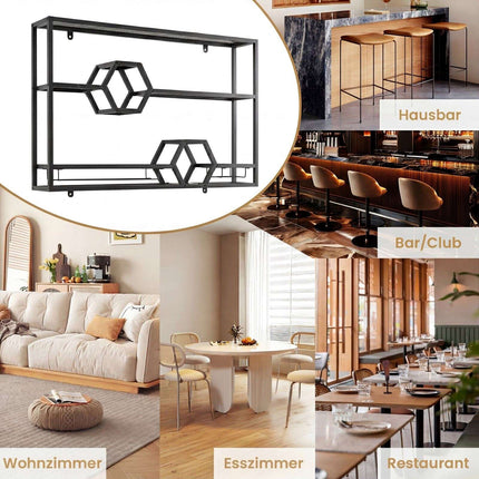 3-Tier Black Metal Wall Wine Rack with Glass Holder