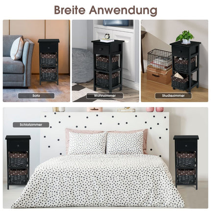 3-Tier Black Nightstand with Drawer and 2 Baskets