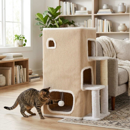 3-Tier Cat House with Sisal Post & Toy - Beige