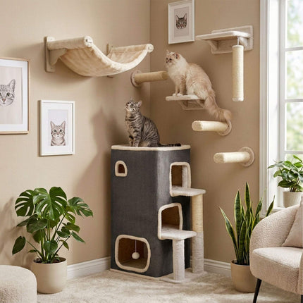 3-Tier Cat House with Sisal Post & Toy - Grey