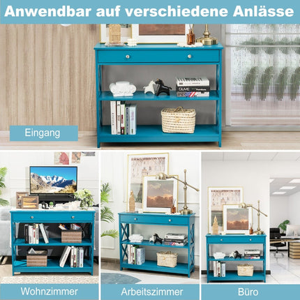 3-Tier Console Table with Drawer & Shelves, Blue
