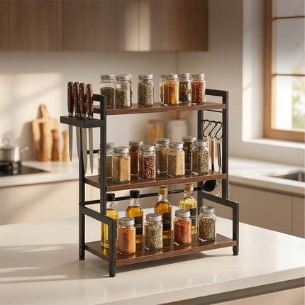 3-Tier Dark Brown Spice Rack with Hooks & Knife Holder
