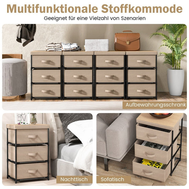 3-stöckiger Nachttisch mit Stoffschubladen und Metallrahmen, Braun