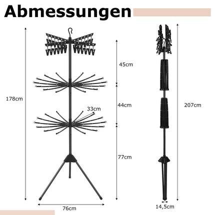 3patrový skládací sušák na prádlo, 178cm, černý