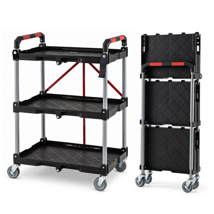 3-Tier Folding Utility Cart with Swivel Wheels and Brakes, Black, 90 kg Load
