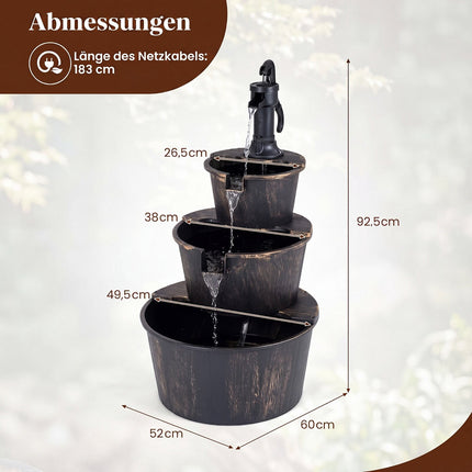 3-Tier Garden Fountain, Wood Barrel Design, Adjustable Pump