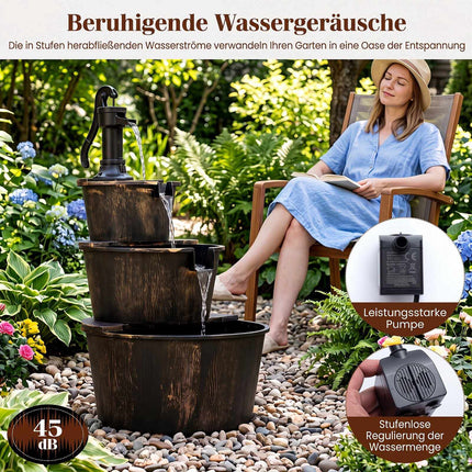 3-Tier Garden Fountain, Wood Barrel Design, Adjustable Pump