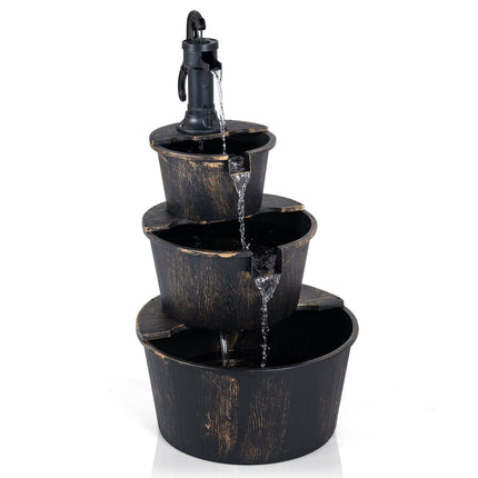 3-Tier Garden Fountain, Wood Barrel Design, Adjustable Pump