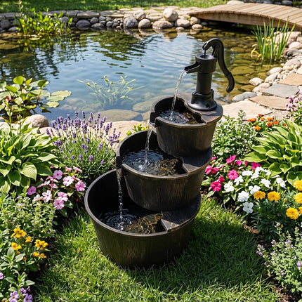 3-Tier Garden Fountain, Wood Barrel Design, Adjustable Pump