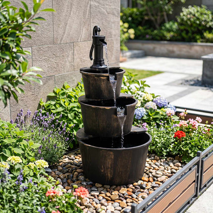 3-Tier Garden Fountain, Wood Barrel Design, Adjustable Pump