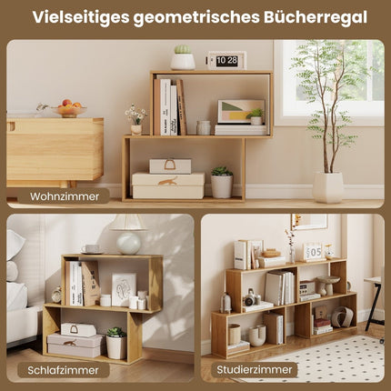 3patrová geometrická knihovna, volně stojící dřevo, přírodní