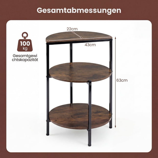 Industriële bijzettafel met 3 niveaus, metalen frame en verstelbare poten.
