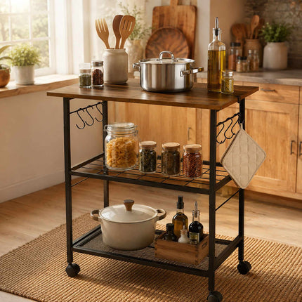 3-Tier Kitchen Trolley, Brown – Metal & MDF, Lockable Wheels